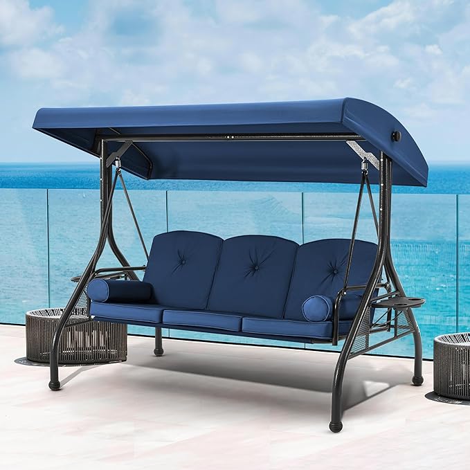 HOMREST 3 Seat Outdoor Porch Swing with Adjustable Canopy, Convertible Patio Swing Bed with Stand, Patio Glider Swing with Upgraded Cup Holder, Thicken Cushions ＆ Pillow for Backyard (Blue)