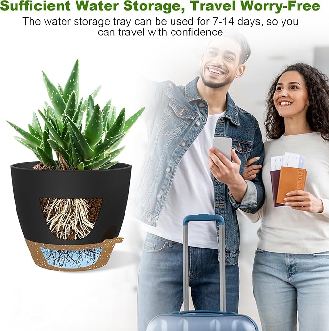 12 Inch Large Self Watering Pots, Flower Pots with Multi-Mesh Drainage Holes and Saucer, Planters for Indoor and Outdoor Garden Plants (Black with Brown)