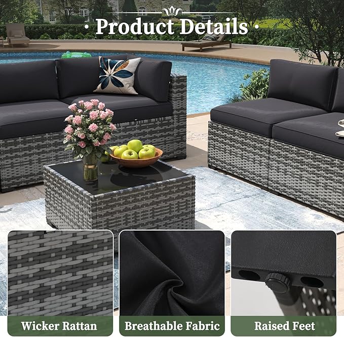Aoxun 15 Piece Patio Furniture Set with Fire Pit Table Wicker Rattan Outdoor Sectional Sofa Set with Coffee Table and 4” Thickened Cushions, Grey/Black (Waterproof Cover Included)