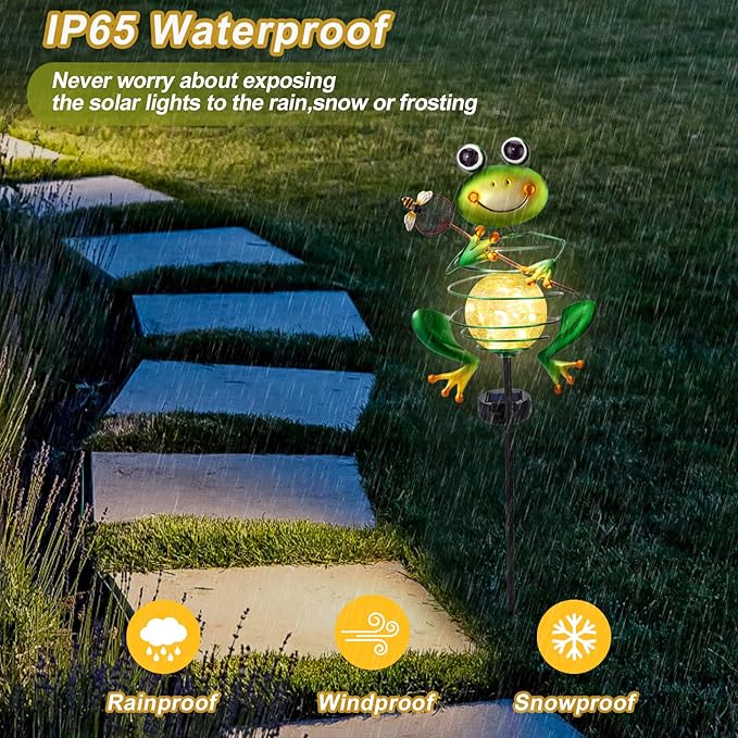Frog Solar Garden Light - Metal Stake Light with Crackle Glass Waterproof Globe, Solar Power LED for Garden, Lawn, Patio, Pathway Decor