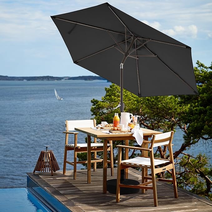 JEAREY 7.5FT Patio Umbrella Market Table Umbrella with 6 Sturdy Ribs, Push Button Tilt/Crank Outdoor Umbrella for Garden, Deck, Backyard, Pool, Black