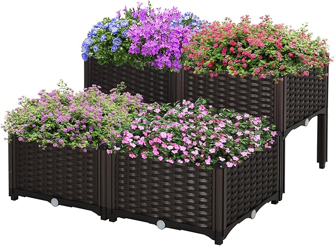 Outsunny 4 Piece Raised Garden Bed with Legs, Planter Box Raised Bed to Grow Flowers, Herbs & Vegetables, Brown