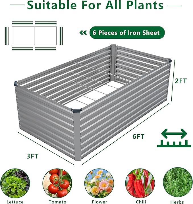 6x3x2FT Galvanized Raised Garden Bed Kit,Vegetable Plant Boxes-Rectangle Metal Flower Box,Large Planter Raised Beds Outdoor Garden for Planting,Fruit,Herb-Silver