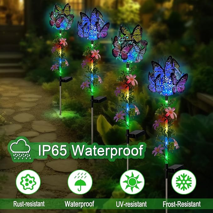 Solar Lights Outdoor Pathway,2 Pack Butterfly with Ball Garden Stakes,Colorful Twinkle Fairy Lights Decorations Outdoor for Yard,Lawn,Spring
