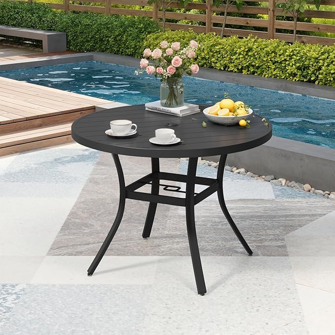 MELLCOM 42'' Round Outdoor Dining Table for 4, Metal Patio Dining Table with Umbrella Hole, All-Weather Black Table for Porch, Garden, Backyard, Poolside, Lawn