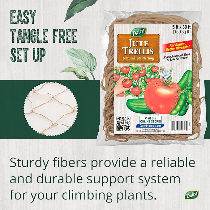 Dalen Jute Trellis for Vining Crops - Natural Strength, Easy Harvest Reach-Through Mesh - Ideal for Tomatoes and Peas – 150 sq ft.