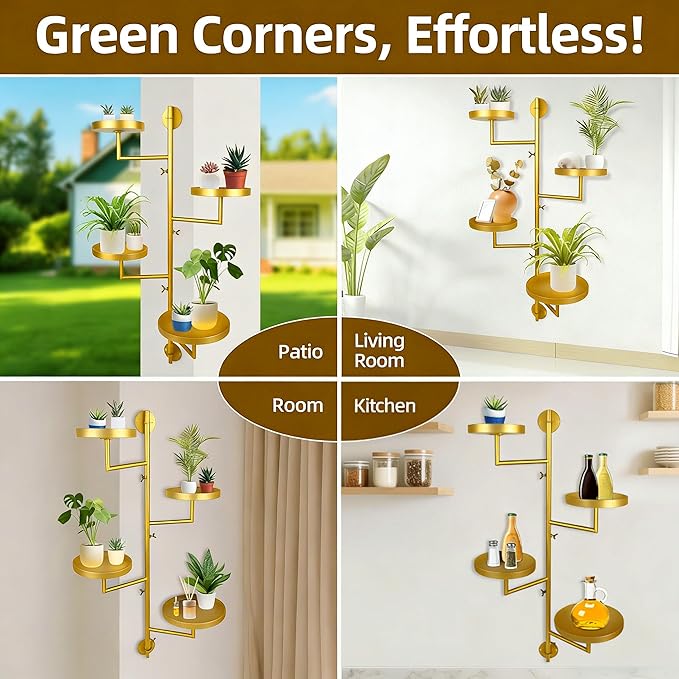 Rotating Window Plant Shelves with Adjustable Knobs, 4 Tiers Metal Wall Shelf for Plants Indoor, Sturdy Hanging Plant Holder, Window Wall Decor & Gardening Gifts (Golden)