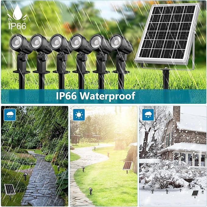 MEIHUA Solar Spot Lights Outdoor, 6 in 1 Solar Landscape Spotlights 2700K Warm White, 3 Lighting Modes & 3 Brightness, IP66 Waterproof Spotlights Outdoor Garden for Pathway Driveway Yard Tree