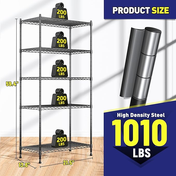 Storage Shelves Adjustable Metal Shelving Unit 5 Tier Wire Shelving,1010LBS Pantry Shelves Sturdy Steel Wire Shelf for Laundry Bathroom Kitchen Pantry, 13.6" D x 21.5" W x 59.4" H, 2PCS