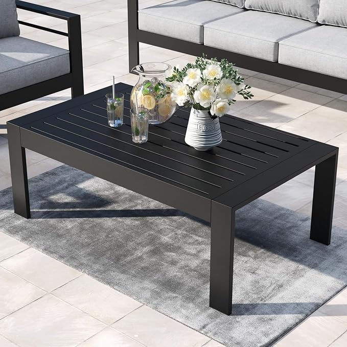 Outdoor Rectangle Patio Aluminum Coffee Tables for Outside, All Weather Patio Slatted Tabletop for Indoor or Outdoor Use