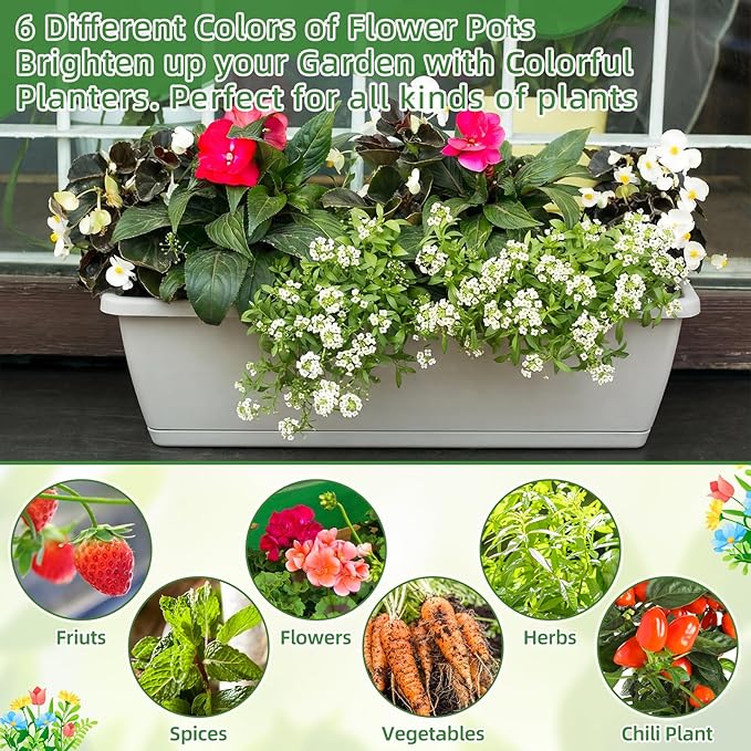 12 Pack Window Box Planter 17 Inches Rectangular Vegetable Flower Planters with Drainage Holes and Saucers Plastic Flower Pots Coloful Herb Planter for Indoor Outdoor Patio Garden Home Decor