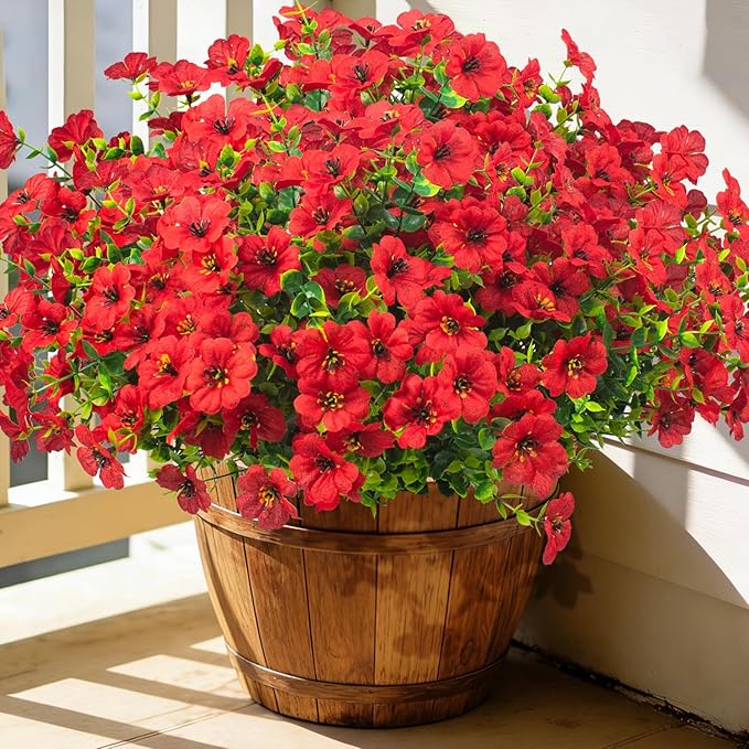 20 Bundles Artificial Flowers for Outdoors, UV Resistant Fake Plants Flowers Greenery Shrubs Plants for Decoration Outside Plants Hanging Planter Home Garden Decor (Red)