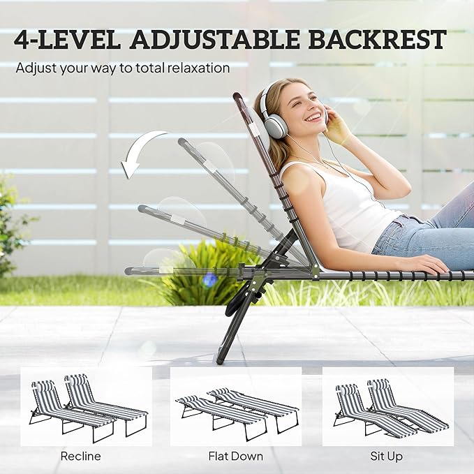Outsunny Folding Chaise Lounge Chair Set of 2, Patio Sun Tanning Chair, Outdoor Chaise Lounger with 4-Position Reclining Back, Breathable Mesh Seat for Beach, Poolside, Yard, Blue and White