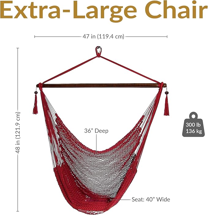 Sunnydaze Outdoor Hammock Chair Swing - Hanging Hammock Swing - Hanging Reading Chair - Soft-Spun Polyester Rope - Caribbean XL - Red