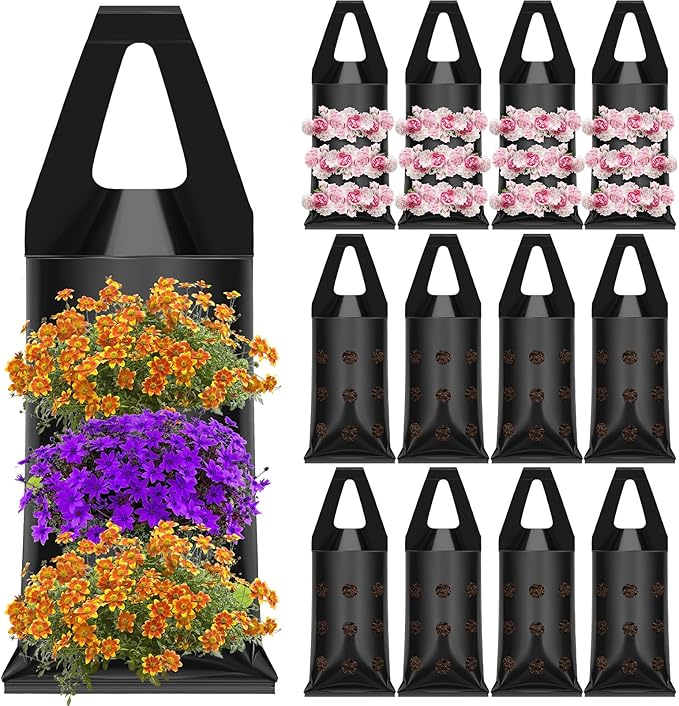 10 Pcs Hanging Flower Pot Bag with 9 Slits Hanging Grow Bags Flower Planting Bag Handle Grow Pouch Planter for Outdoor, Wall, Garden, Plant, Tomato, Strawberry
