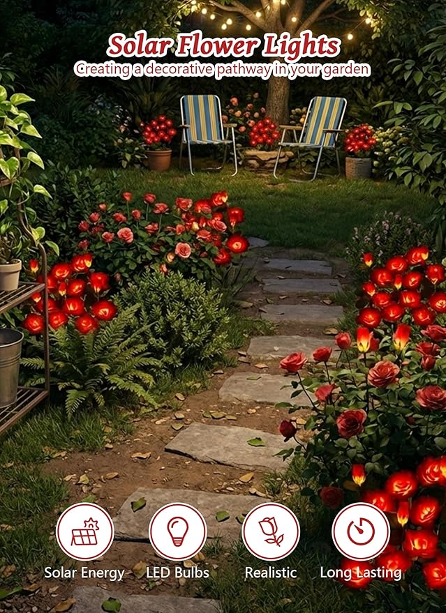 Brightown Outdoor Solar Flower Lights, 4 Pack Solar Garden Light with Larger & More Realistic Red Rose, Bigger Solar Panel, Waterproof Solar Lights Outdoor for Yard Garden Lawn Pathway Decoration