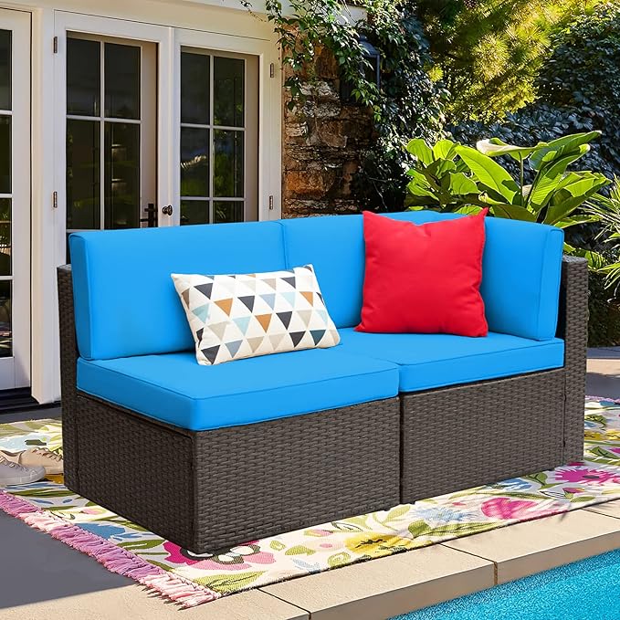 Devoko 2 Pieces Patio Furniture Sofa Sets Outdoor All Weather Sectional Corner Sofa and Armless Sofa (Blue)