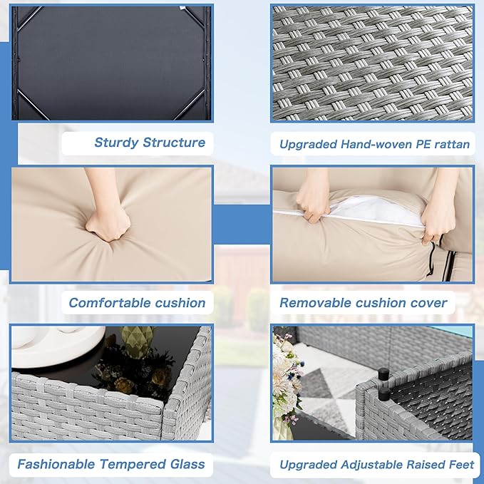 Shintenchi 7 Pieces Outdoor Patio Sectional Sofa Couch, Silver Gray PE Wicker Furniture Conversation Sets with Washable Cushions & Glass Coffee Table for Garden, Poolside, Backyard (Khaki)