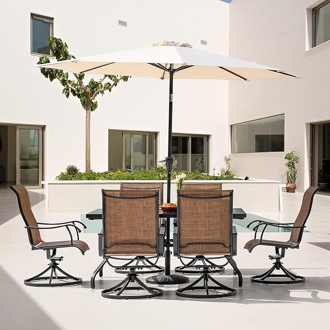 NUU GARDEN Patio Dining Set 7 Pieces Outdoor Dining Set for 6 Patio Swivel Chairs Textilene with 1 Metal Large Dining Table 6 Person Patio Set for Lawn Garden Deck, Brown and Black