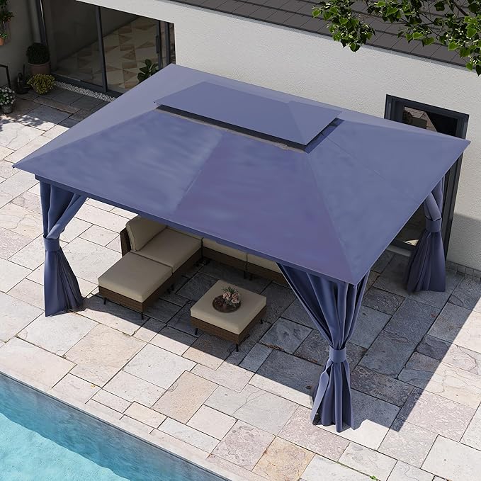 LAUSAINT HOME Semi-Permanent Outdoor Patio Gazebo 10'x13', Heavy Duty Party Tent Shelter with Double Roofs, Mosquito Nettings and Privacy Screens for Backyard, Garden, Lawn, Navy Blue