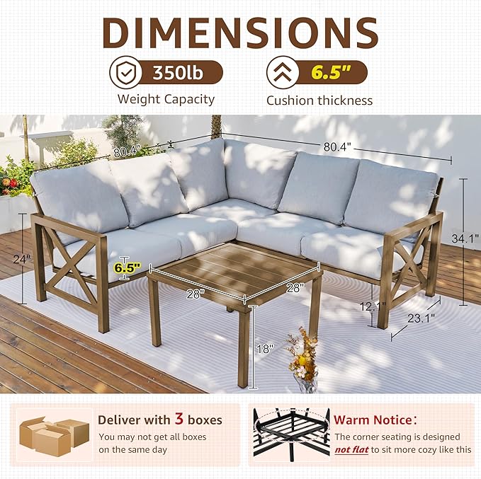 NATURAL EXPRESSIONS 6 Pieces Patio Furniture Sets,Sunbrella Outdoor Furniture Sets Patio L Shape Sectional Couch Sofa Patio Conversation Sets with 6.5" Grey Cushions,Hand-Paint Fauxwood Metal Frame