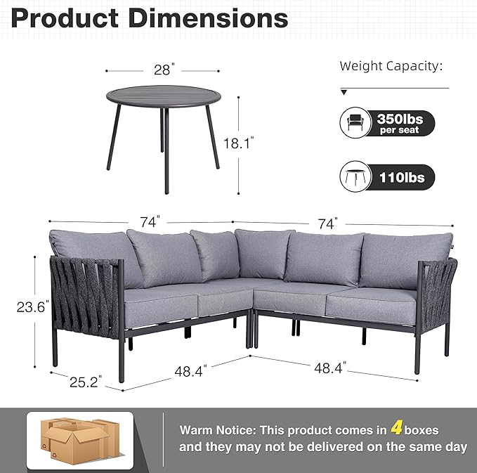 Outdoor Patio Furniture, 6 Pieces Outdoor Sectional L-Shaped Sofa Patio Conversation Sets, Patio Furniture Set with Thick Cushions and Coffee Table for Garden, Poolside, Backyard, Grey