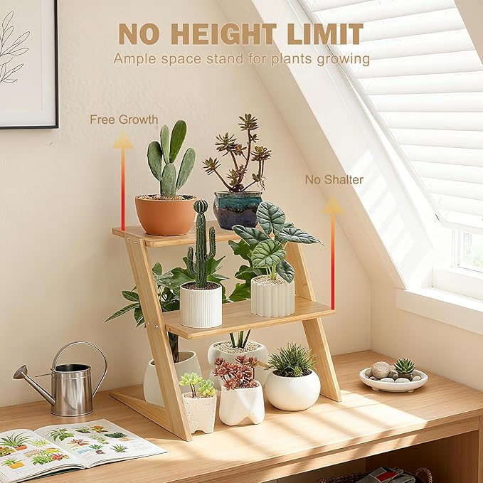 3 Tier Table Top Countertop Small Plant Stand with Shelf Adjustable, Bamboo Wooden Desk Plants Succulent Stand, Office Flower Pot Holder Rack ,Cup Cake Stand, Kitchen Spice Rack