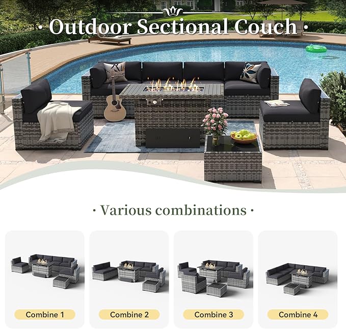 Aoxun 8 Piece Patio Furniture Set with 44'' Fire Pit Table Wicker Rattan Patio Conversation Set Outdoor Sectional Sofa Set with Coffee Table, Grey/Black (Waterproof Cover Included)