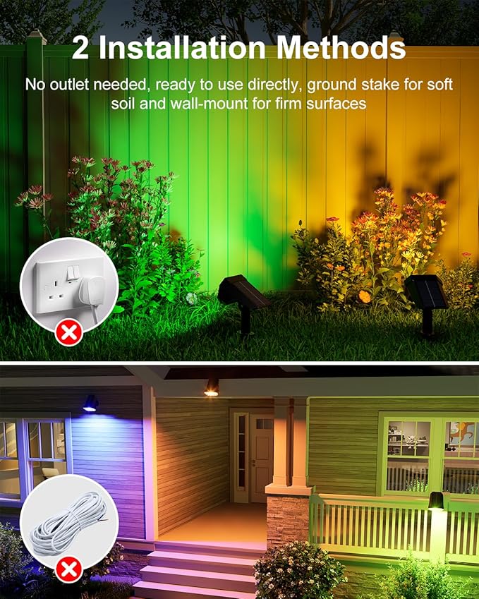 6 Pack Color Changing Solar Powered Outdoor Spot Lights Outside Landscape Waterproof 24 LED Spotlights Dusk to Dawn for Christmas Decorations,Tree, Snowman, Elk Statues, 8 Colorful for Accent Lighting
