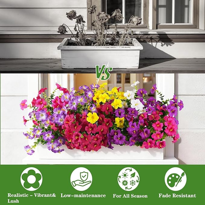 INQCMY Artificial Flowers for Outdoors Fake Plants Spring Decoration, 12 Bundles Faux Petunias UV Resistant No Fade Realistic Silk Flower for Outside Planters Patio Porch Yard Window Box