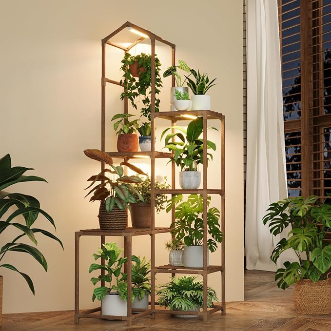 Bamworld Tall Corner Plant Stands with Grow Lights Indoor Outdoor Plant Shelves for Multiple Plants Display Haning Planter Living Room Pation Garden Decor