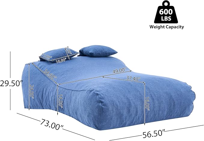 Merax Outdoor Bean Bag Chair Sun Lounger for 2 Adult, 73" Big Comfy Outdoor Bean Bag Daybed Couch with Headrest, Water-Resistant Fabric Patio Chaise Lounger Chair for Pool Balcony Beach Deck, Blue