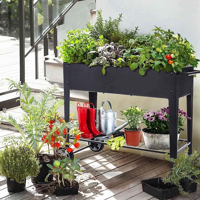31.5" Tall Raised Garden Bed with Wheels, Extra 15.7" W Planter Box (400 lbs Loads) with Storage Shelf & Handle,Heavy Duty Metal Garden Planter for Vegetables, Herbs & Flowers, Patio & Balcony