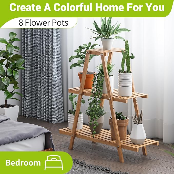 BMOSU Plant Stand Bamboo for Indoor Outdoor Tiered Plant Shelf 8 Potted Flower Holder Ladder Rack Garden Balcony Living Room Patio(3 Tier Natural)
