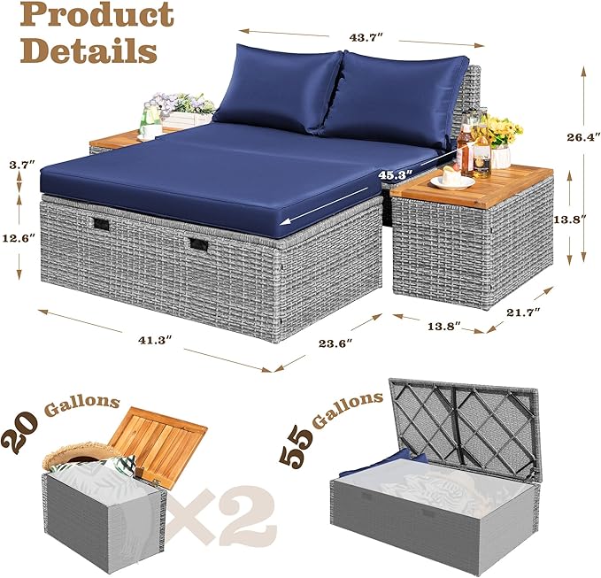 Flamaker Outdoor Rattan Lounge Chair with 2 Side Tables, Multifunctional Outdoor Patio Daybed with Footrest, Cushions, Storage Ottoman,Chaise Lounge Chair for Backyard Porch Poolside(Deep Blue)