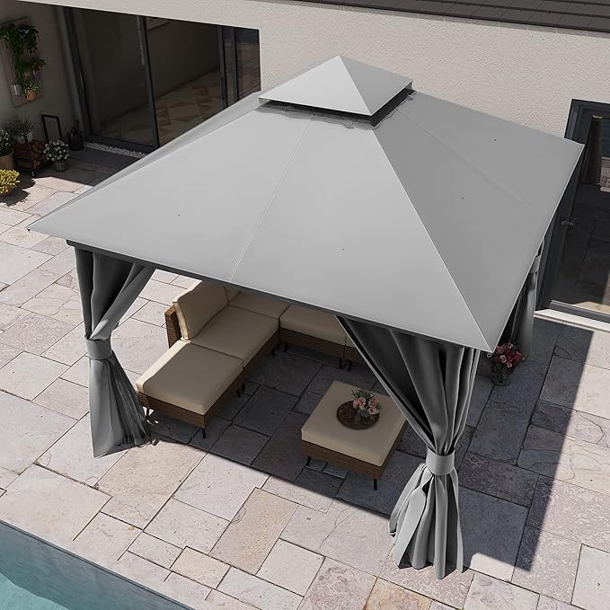LAUSAINT HOME Semi-Permanent Outdoor Patio Gazebo 10'x10', Heavy Duty Party Tent Shelter with Double Roofs, Mosquito Nettings and Privacy Screens for Backyard, Garden, Lawn, Gray