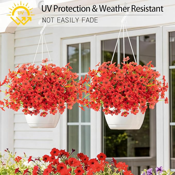MACTING 12 Bundles Artificial Flowers for Outdoors Fake Flowers UV Resistant Faux Plastic Plants No Fade for Planters Window Patio Porch Garden Home Outside Spring Summer Decorations,Red