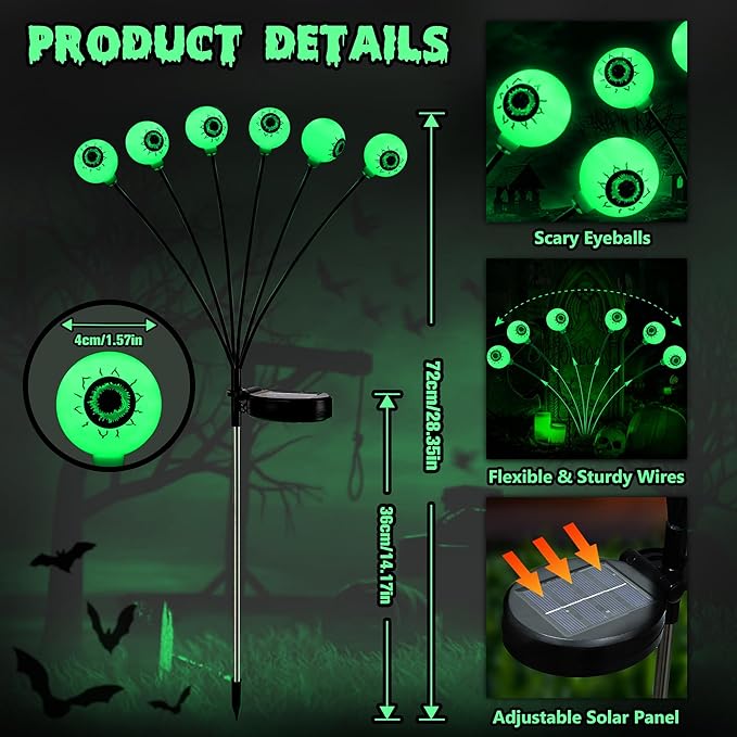BrizLabs Solar Halloween Lights, 2 Pack 12 LED 2 Modes Halloween Eyeball Lights, Outdoor Pathway Light, Swaying Eye Firefly Walkway Lighting, Green Solar Lighting for Path Yard Garden Lawn