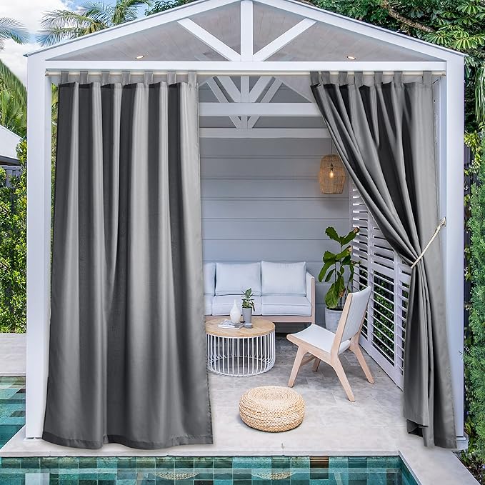 NICETOWN 2 Panels Patio Outdoor Curtains 108" Length, Thermal Insulated Tab Top Light Blocking Vertical Drapes Waterproof Indoor Outdoor Panels for Lawn & Garden, Dark Grey, W55 x L108