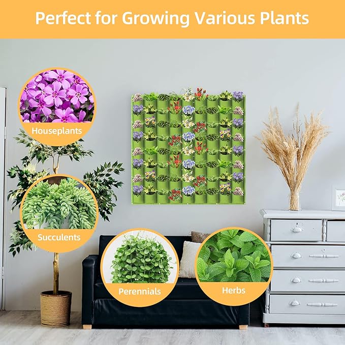 LITLANDSTAR Hanging Vertical Wall Planter, 72 Pockets, Green, 100cm x 100cm, Indoor/Outdoor, Wall Mounted, Felt, Traditional, Rectangular, Drainage Hole