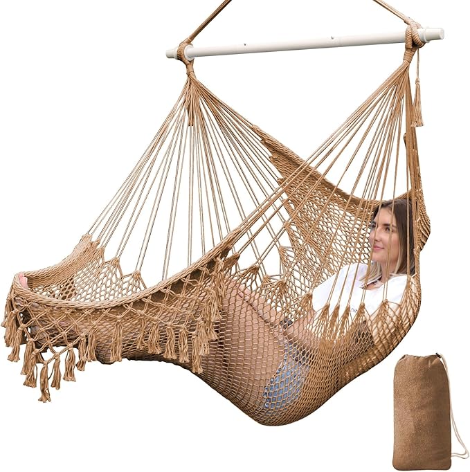 Chihee Hammock Chair Super Large Soft-Spun Cotton Rope Weaving Hanging Chair, Collapsible Strong Metal Spreader Bar Wide Seat Lace Stretch Swing Chairs Indoor Outdoor Garden Yard Theme Decoration