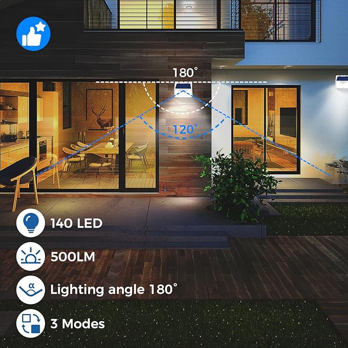 Peasur Solar Powered Lights Outdoor Motion Sensor, 2 Pack 140 LED Fence Light Waterproof, White Frame Security Wall Lighting for Outside Deck Yard Patio House Step
