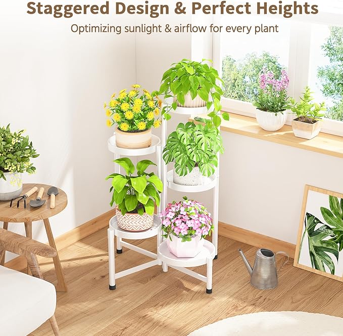 LASZOLA 5 Tiered Folding Tall Plant Stand Indoor for Multiple Large Planter, Heavy Duty Metal Adjustable Flower Rack for Narrow Corner, Sturdy Vertical Spiral Shelving Holder for Modern House, White