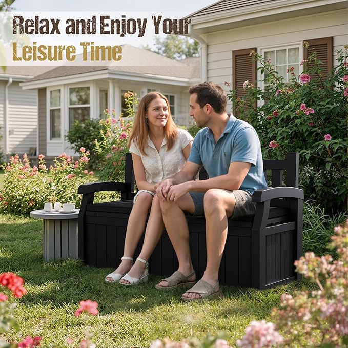 80-Gallon Outdoor Storage Bench with Cushion, Lockable Waterproof Deck Box with Armrests for Patio, Garden, Pool, Black