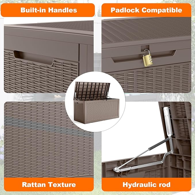 120 Gallon Resin Deck Box, Lockable Patio Outdoor Storage Box for Furniture, Garden Tools and Tools Storage, Waterproof Outside Storage Boxes - Grey