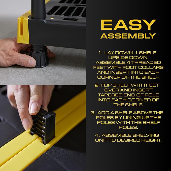 CX Black & Yellow, 5-Tier Heavy Duty Plastic Storage Shelves that Support up to 200lbs/shelf, Organization and Storage, Weather-Resistant Design, Easy Assembly (72”H x 48”W x 20”D)