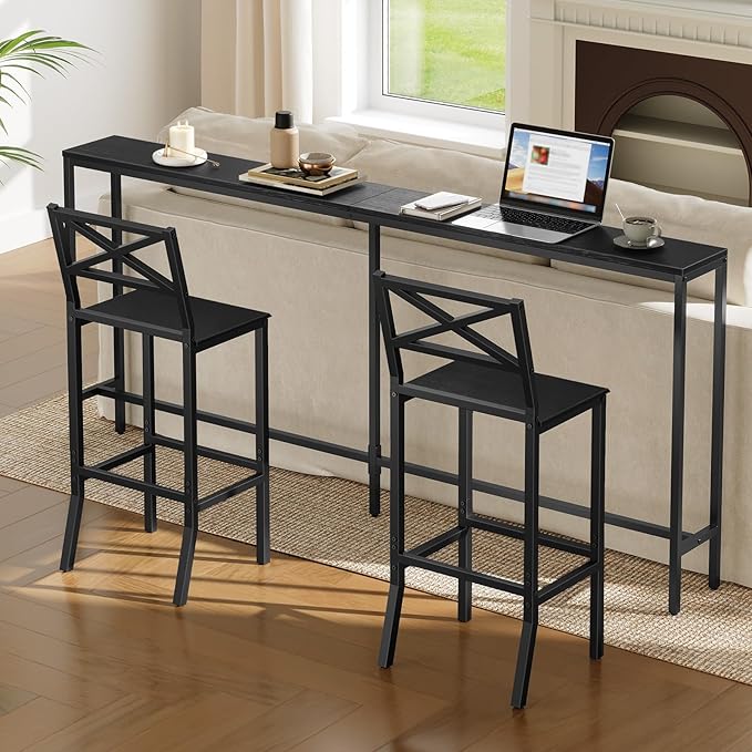 Bar Stools, Set of 2 Bar Chairs with Backrest and Footrest, 26" Tall Counter Bar Stools, Kitchen Breakfast Bar Chairs, Easy Assembly, for Dining Room, Black BAHB0901N1