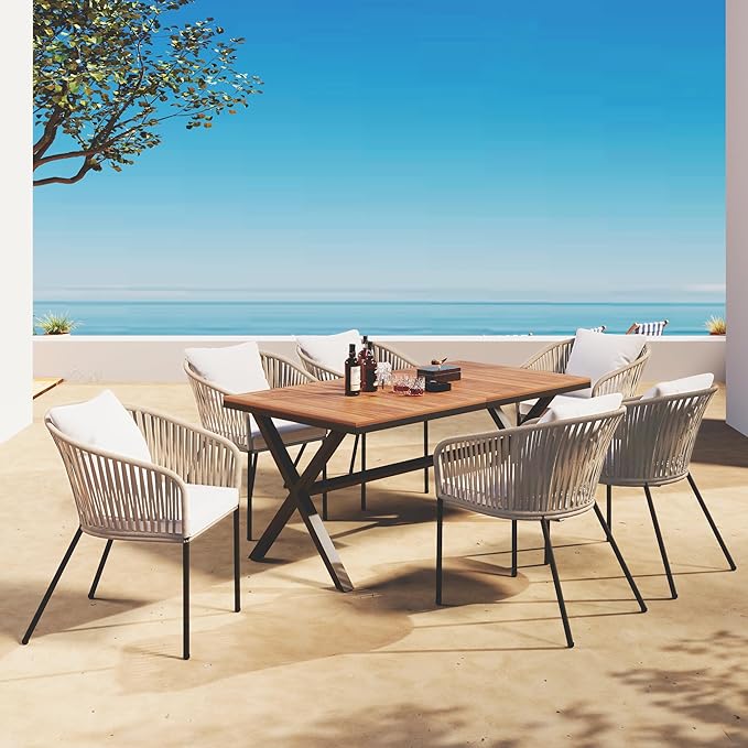 Merax 7 Pieces Patio Dining Table and Chairs, All-Weather Outdoor Furniture Set, Acacia Wood Tabletop, Metal Frame, for Garden, Backyard, Balcony, Beige
