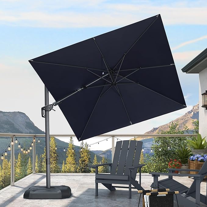 PURPLE LEAF 8' X 8' Tilting Patio Umbrella with Base Outdoor Cantilever Swivel Square Umbrella with Tilt Aluminum Offset Umbrella with 360-degree Rotation for Garden Deck Pool Patio Navy