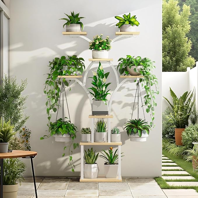 Elbourn Plant Stand Indoor with Grow Lights - 60" Tall Metal Plant Shelf for Multiple Plants, 8 Tiered Corner Plant Stands for Indoor Plants, X - Shaped Decorative Rack for Home, Living Room & Patio Decor (White)